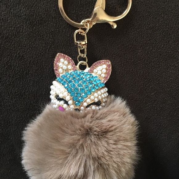 Rhinestone Fox Furry Pom Pom Pearl Keychain Purse - Picture 5 of 6